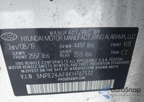 2019 Hyundai Sonata Se from USA, damaged, VIN 5NPE24AF8KH767532